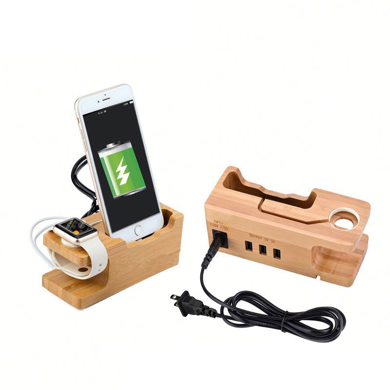 Bambusowa podstawka ładująca z 3 portami USB – telefon, zegarek, iPhone