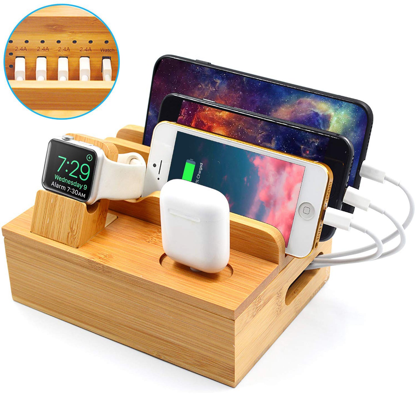 Bambusowe pudełko do ładowania i organizacji – stacja ładująca 5xUSB,