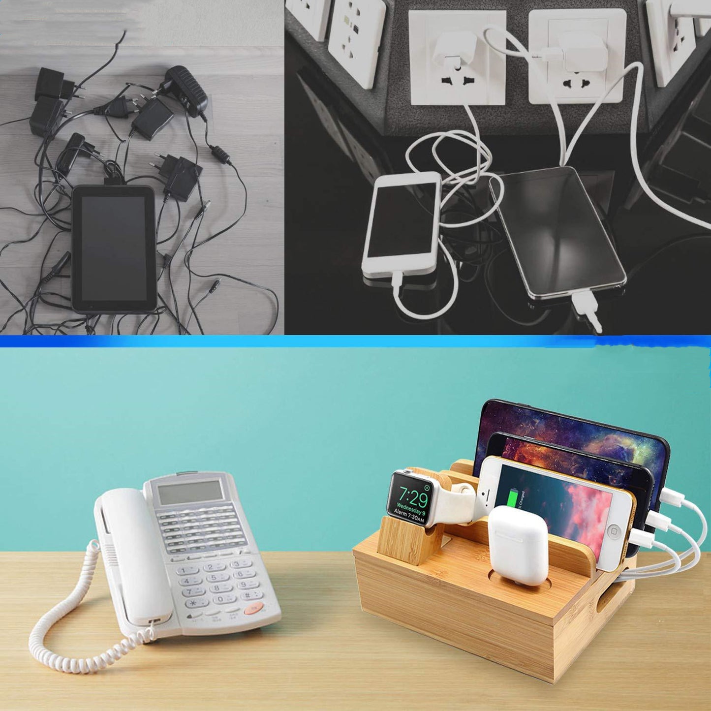 Bambusowe pudełko do ładowania i organizacji – stacja ładująca 5xUSB,