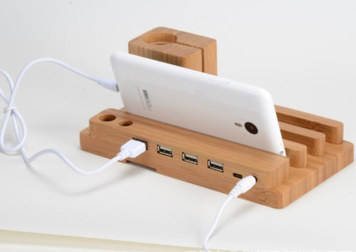 Bambusowa stacja ładująca z uchwytem na telefon, Apple Watch i iPad – 4 porty USB