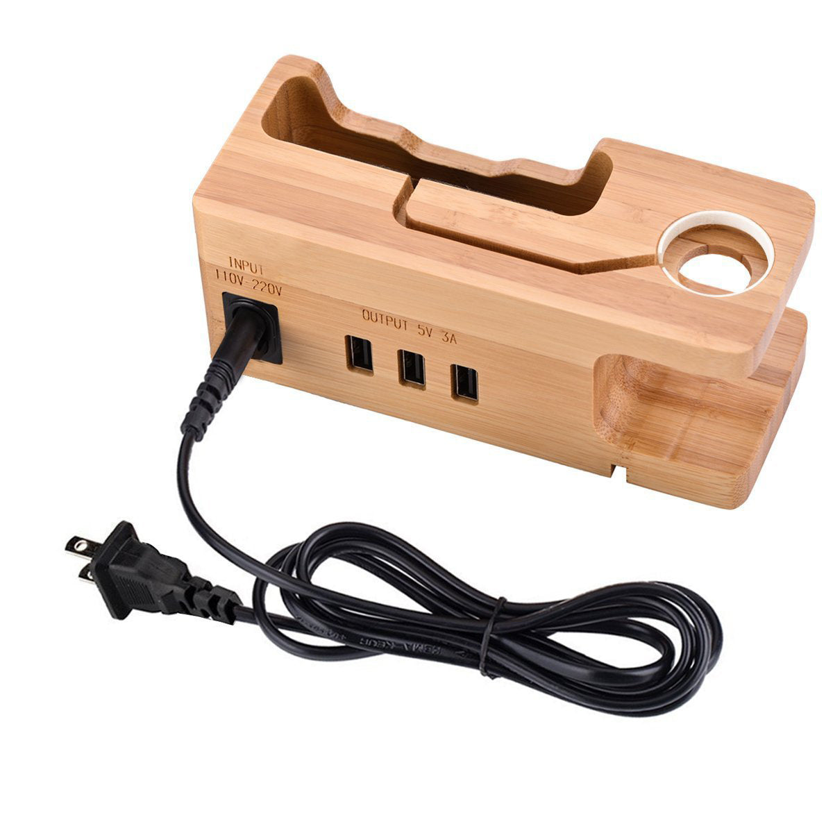 Bambusowa podstawka ładująca z 3 portami USB – telefon, zegarek, iPhone