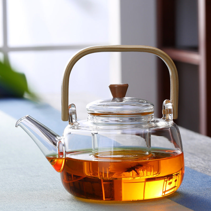 Heat-resistant glass teapot with bamboo handle