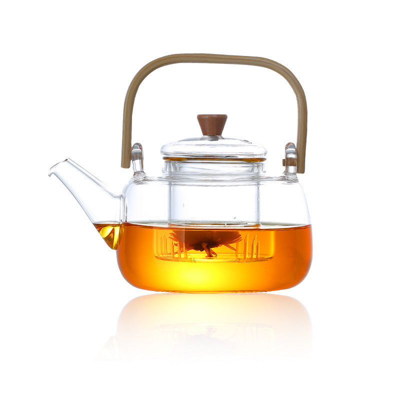 Heat-resistant glass teapot with bamboo handle