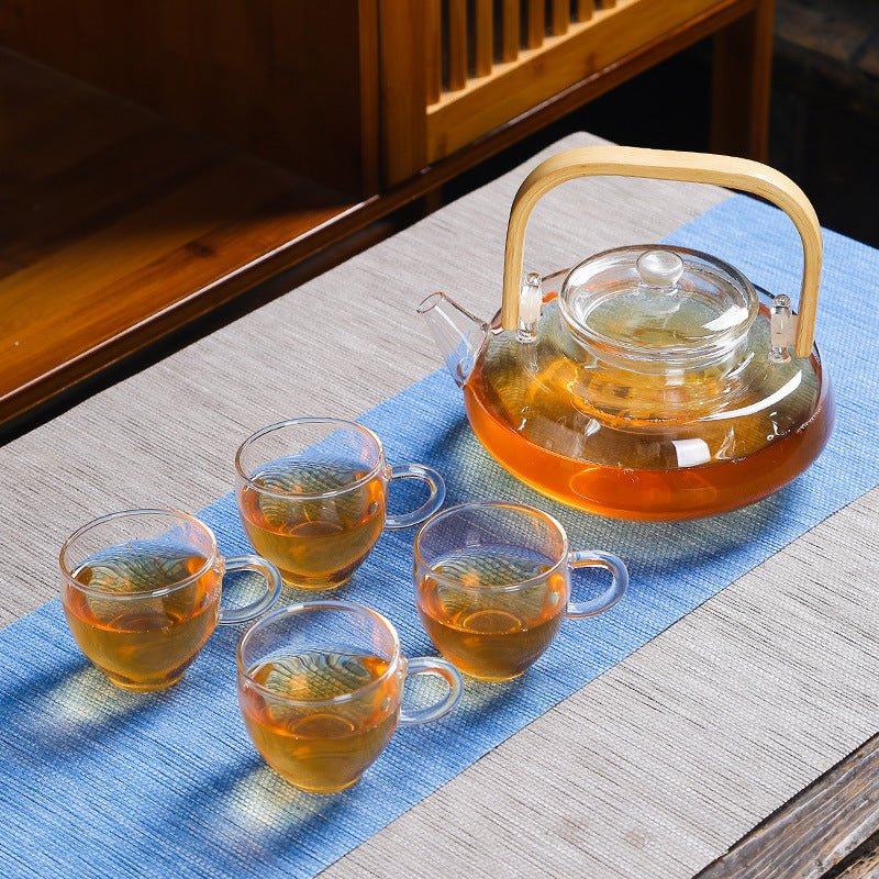 Heat-resistant glass teapot with bamboo handle