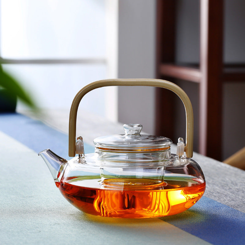 Heat-resistant glass teapot with bamboo handle