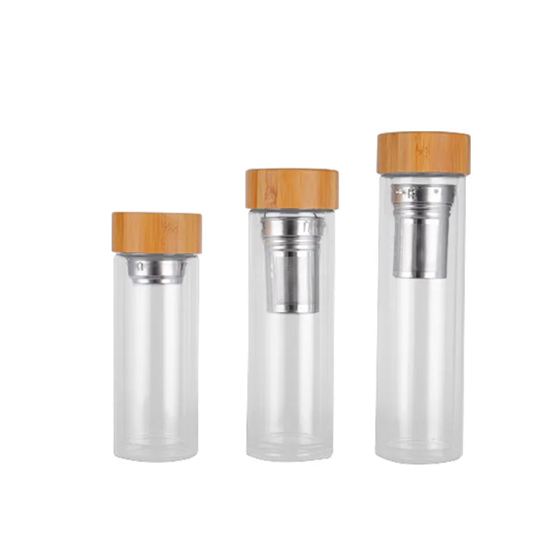 Szklana Butelka z Bambusową Zakrętką-300ml/400ml/500ml z Filtrem ze Stali