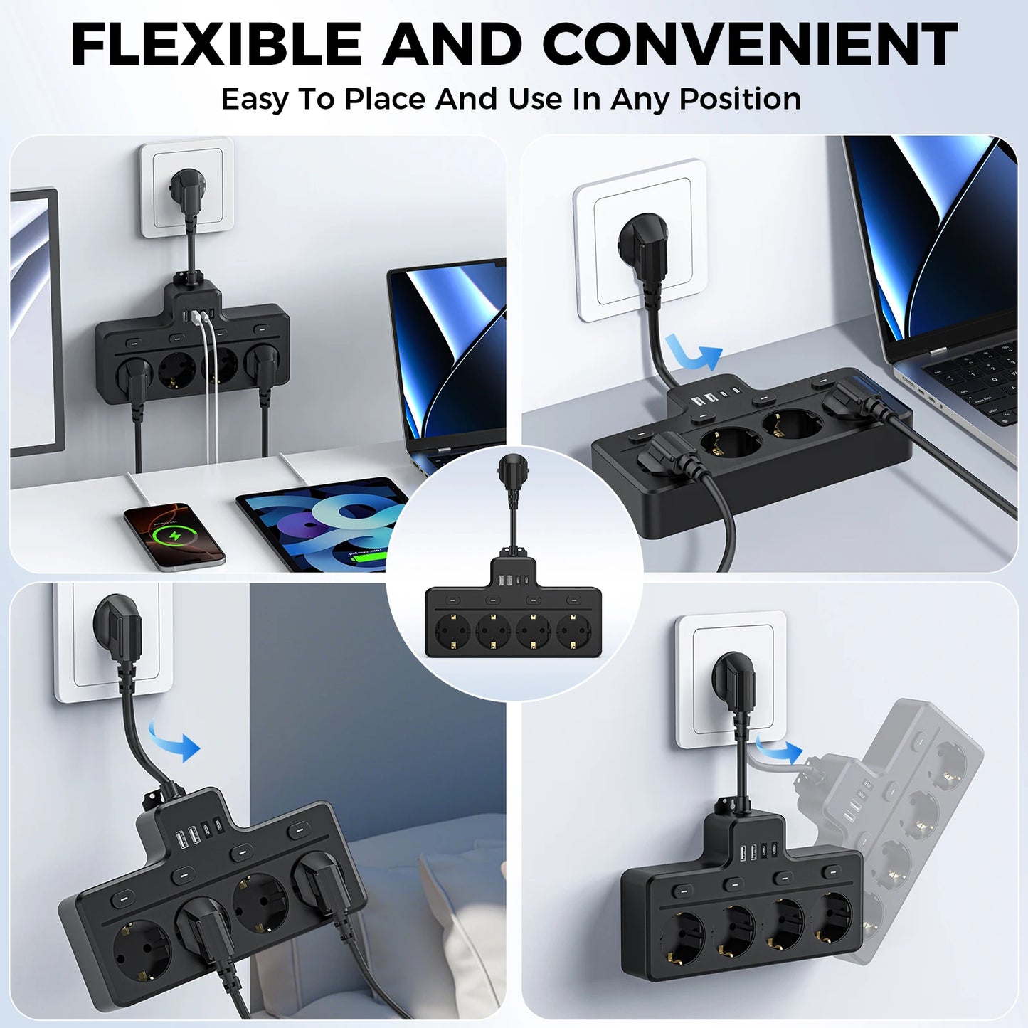 Listwa zasilająca 8-w-1 z przełącznikami i portami USB-Power Strip 4x AC+2x USB+2x Type-C