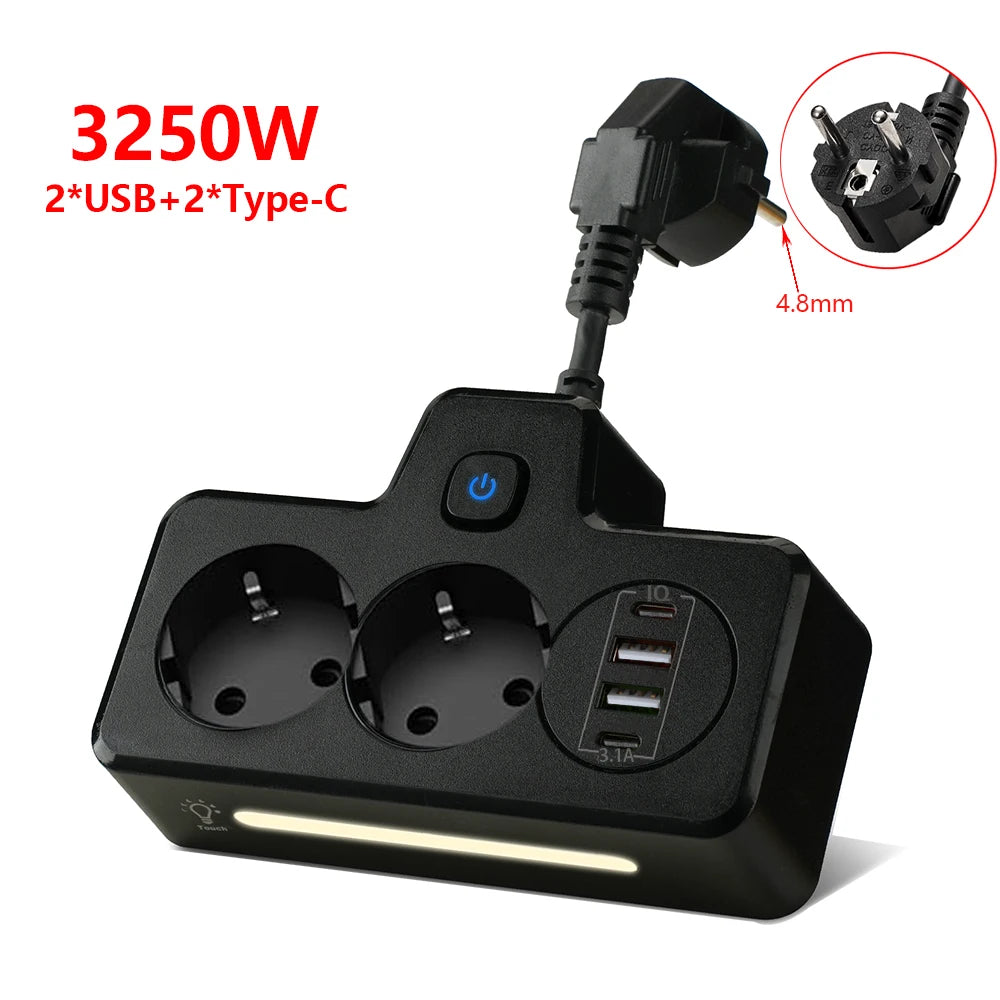 Listwa zasilająca 3250W z gniazdami USB i Portami AC-Power Strip z Funkcją Szybkiego Ładowania