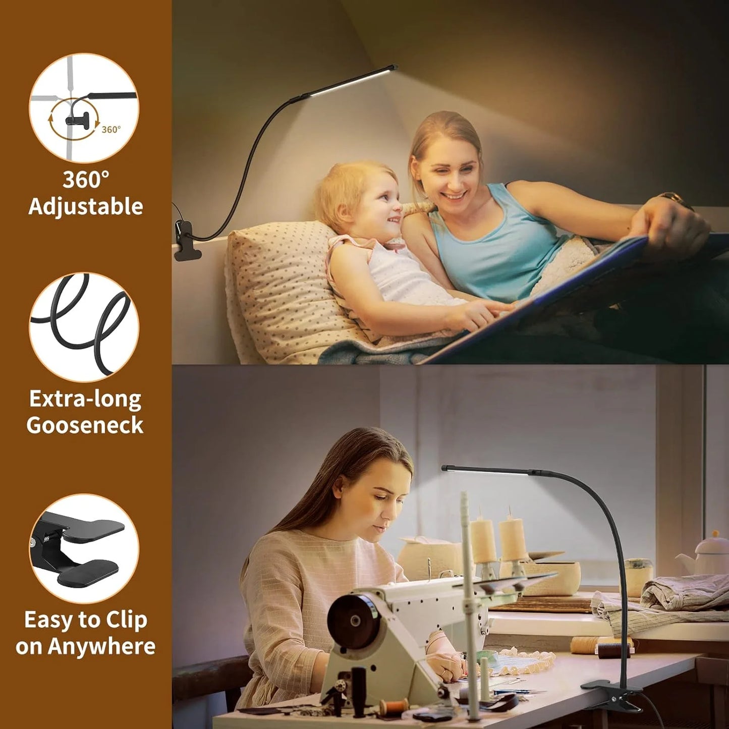 lampa LED do czytania z klipsem-ciepłe i zimne światło,ładowanie USB,elastyczne ramię.
