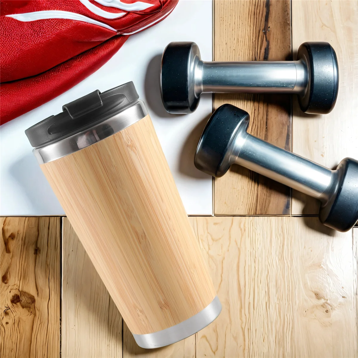 Kubek termiczny bambusowy 450 ml – bambus zewnętrzny, wnętrze ze stali nierdzewnej