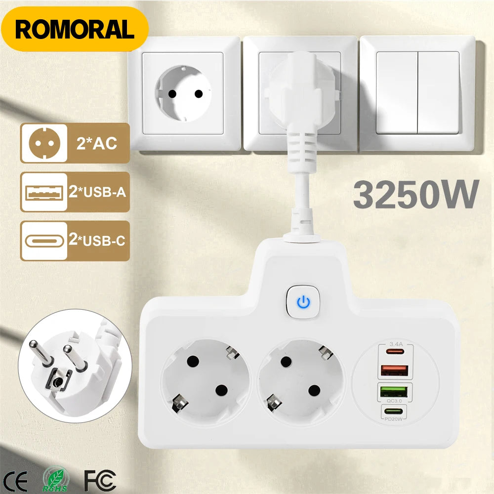 Listwa zasilająca 3250W z gniazdami USB i Portami AC-Power Strip z Funkcją Szybkiego Ładowania