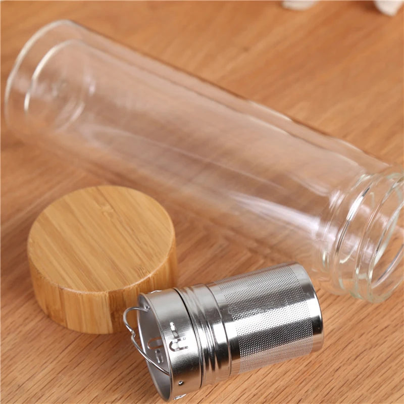Szklana Butelka z Bambusową Zakrętką-300ml/400ml/500ml z Filtrem ze Stali