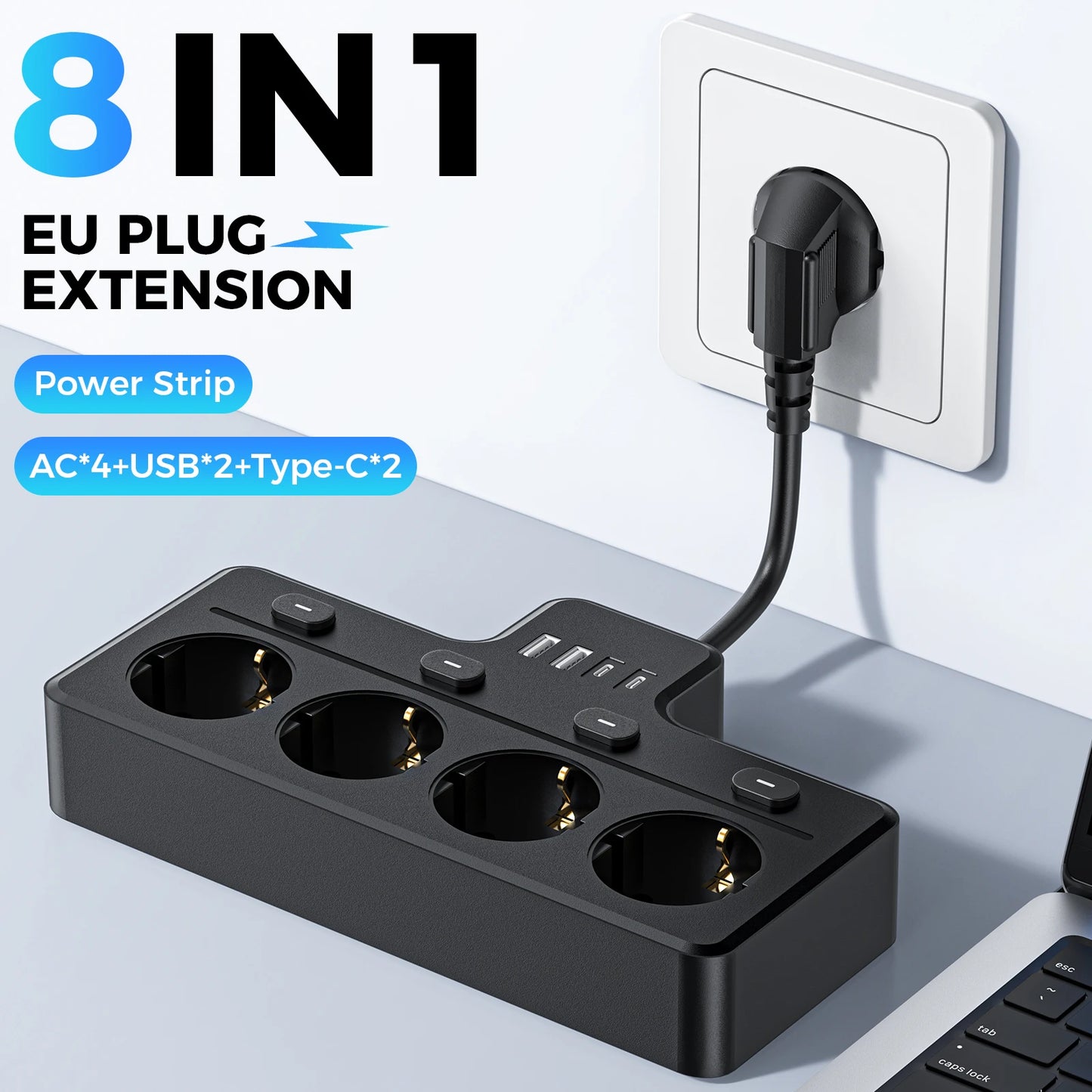 Listwa zasilająca 8-w-1 z przełącznikami i portami USB-Power Strip 4x AC+2x USB+2x Type-C