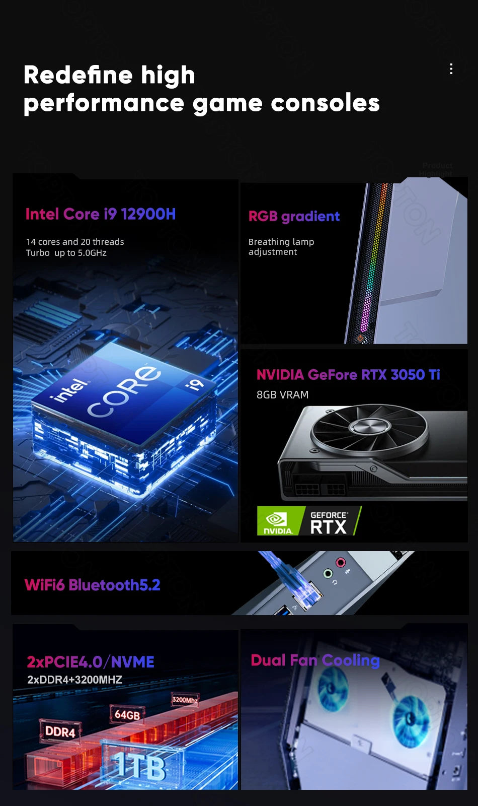 Mini komputer PC z podświetleniem RGB, do zastosowań domowych i multimedialnych – 64GB RAM, 2TB SSD