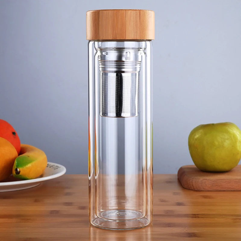 Szklana Butelka z Bambusową Zakrętką-300ml/400ml/500ml z Filtrem ze Stali