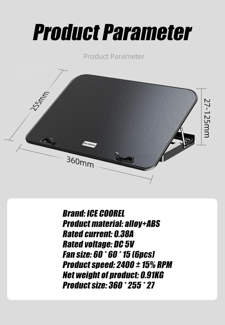 Podstawka chłodząca do laptopa z podświetleniem RGB, 6 wentylatorów, 2 porty USB