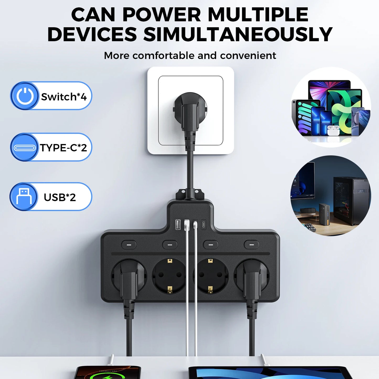 Listwa zasilająca 8-w-1 z przełącznikami i portami USB-Power Strip 4x AC+2x USB+2x Type-C