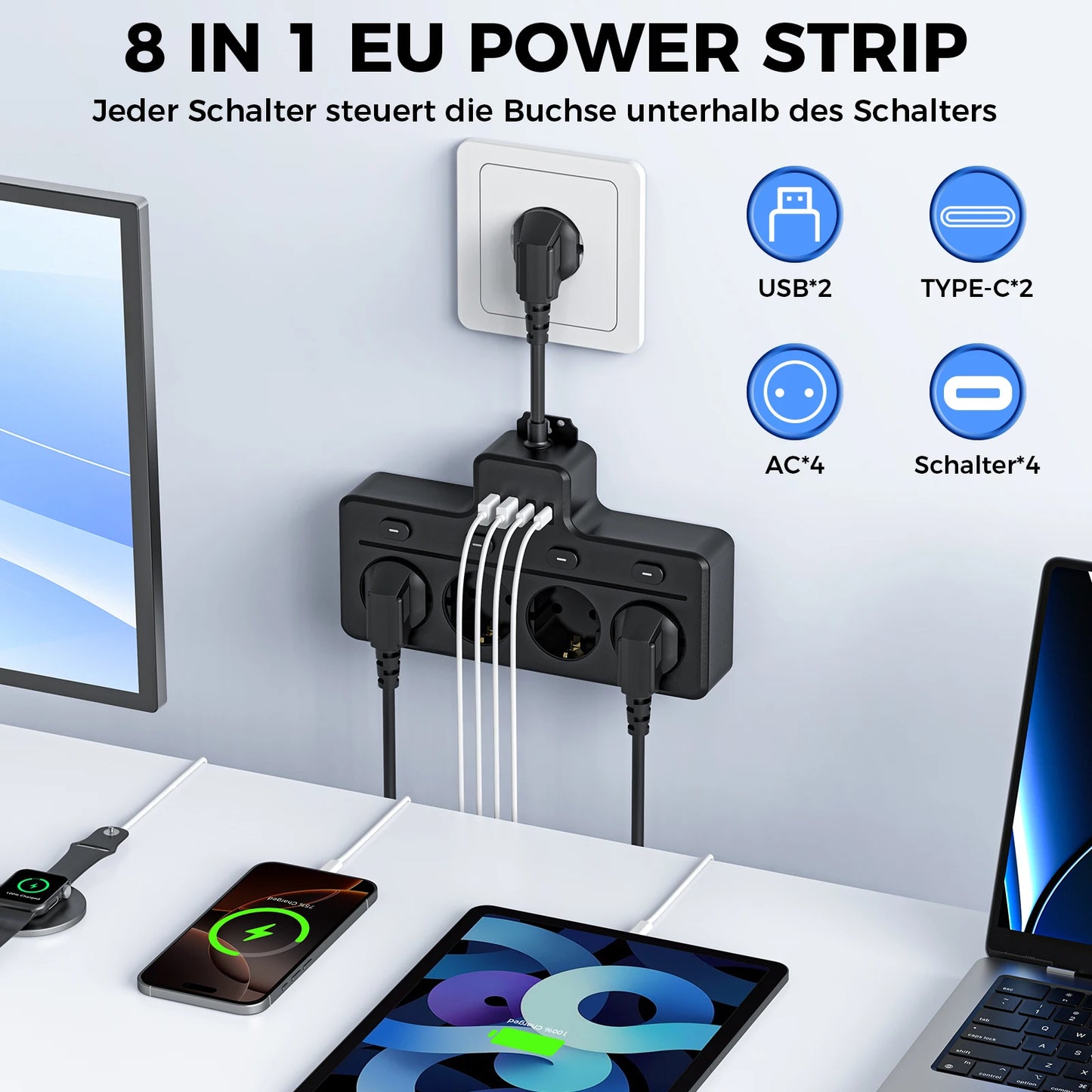 Listwa zasilająca 8-w-1 z przełącznikami i portami USB-Power Strip 4x AC+2x USB+2x Type-C