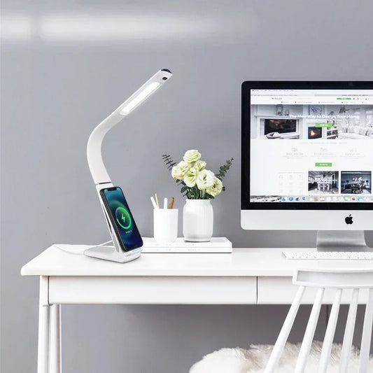Nowoczesna minimalistyczna lampka biurkowa z ładowaniem bezprzewodowym USB 10W