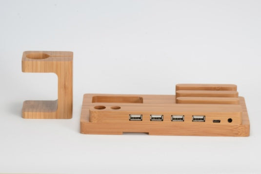 Bambusowa stacja ładująca z uchwytem na telefon, Apple Watch i iPad – 4 porty USB