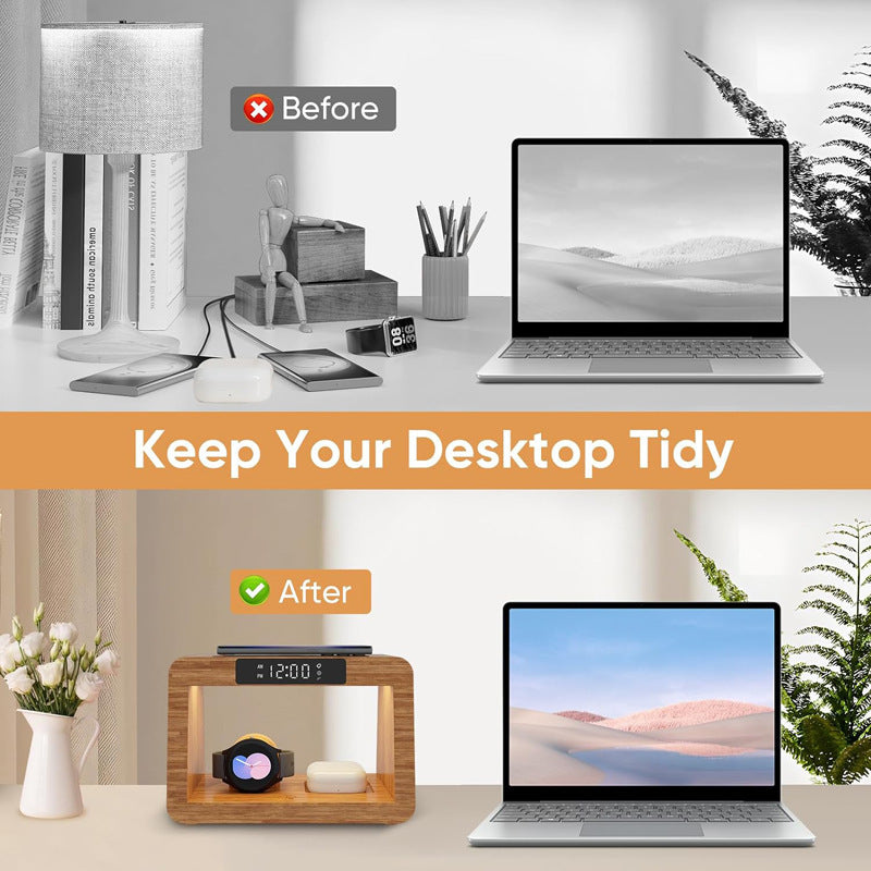 Multifunkcyjna bambusowa lampka stołowa z budzikiem i bezprzewodową ładowarką