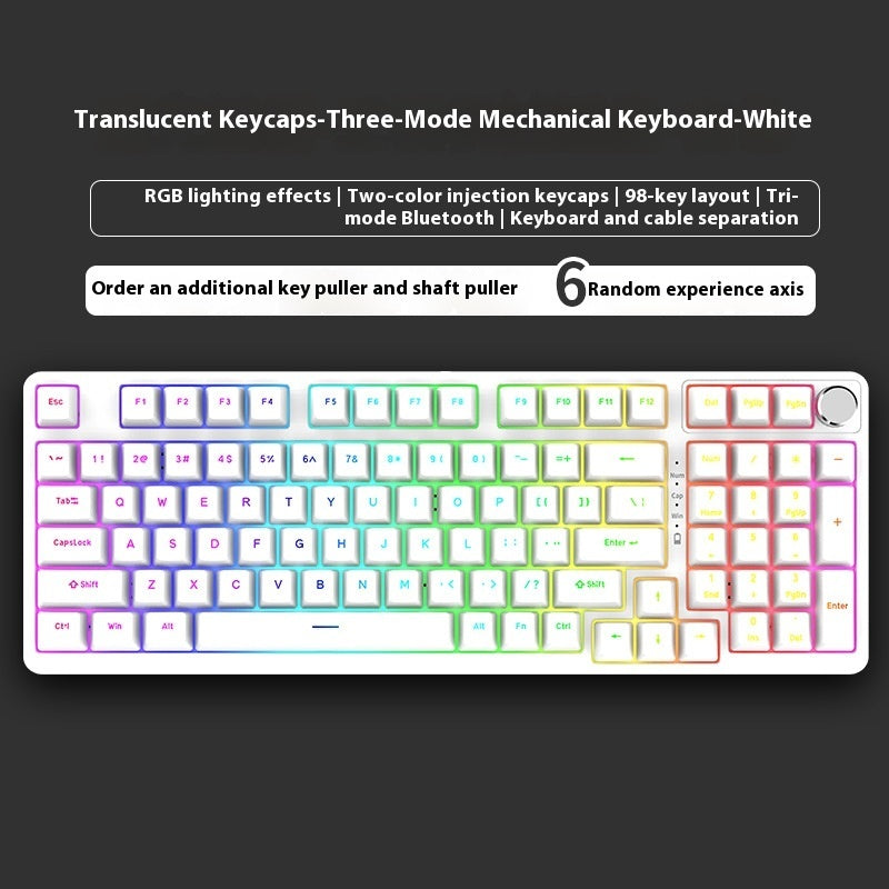 Bezprzewodowa Klawiatura Mechaniczna 98 Klawiszy – Bluetooth, 3 Tryby Pracy, Gaming i Biuro