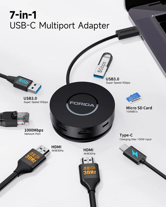 Stacja dokująca 7w1 USB-C z HDMI 4K,Ethernet,czytnikiem kart i szybkim ładowaniem.