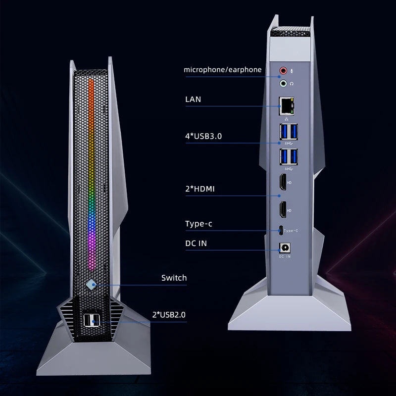 Mini komputer PC z podświetleniem RGB, do zastosowań domowych i multimedialnych – 64GB RAM, 2TB SSD