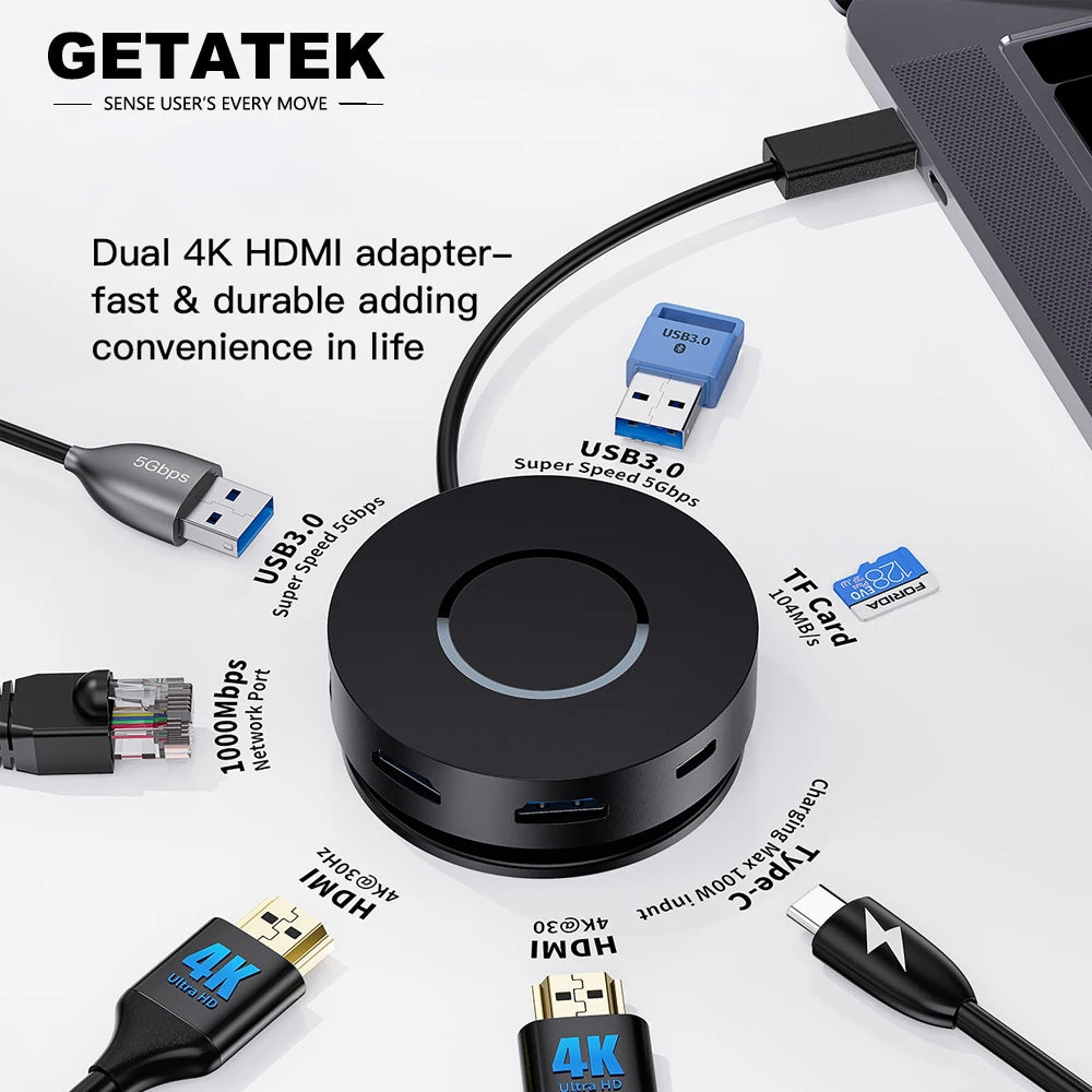 Stacja dokująca USB-C 7w1 z podwójnym HDMI 4K,portem PD 100W i Gigabit Ethernet