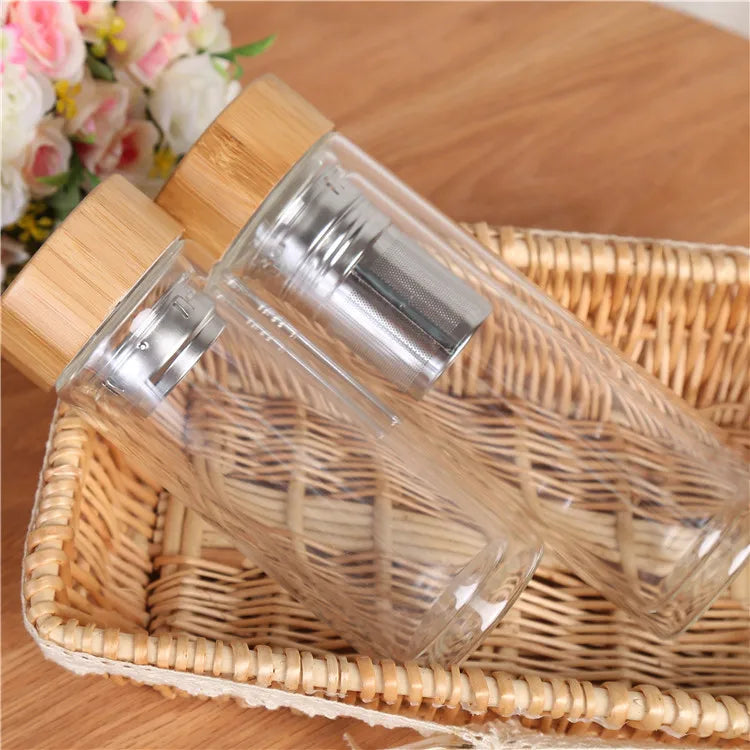 Szklana Butelka z Bambusową Zakrętką-300ml/400ml/500ml z Filtrem ze Stali