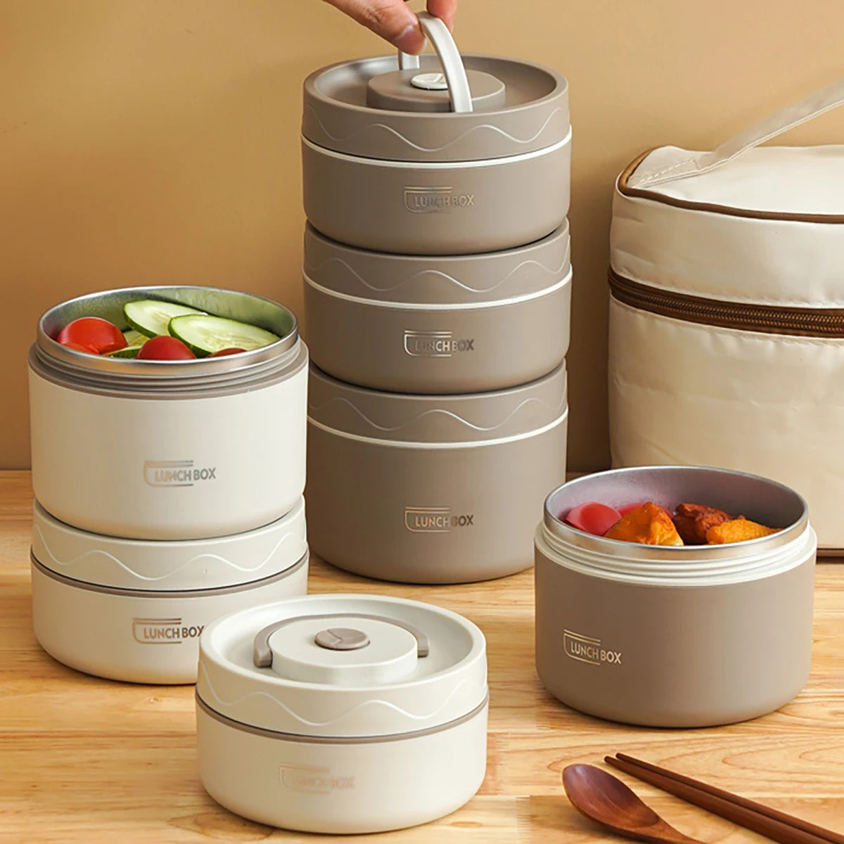 Lunchbox Stalowy z Torbą Termiczną – Dwuwarstwowy, Hermetyczny Pojemnik na Jedzenie