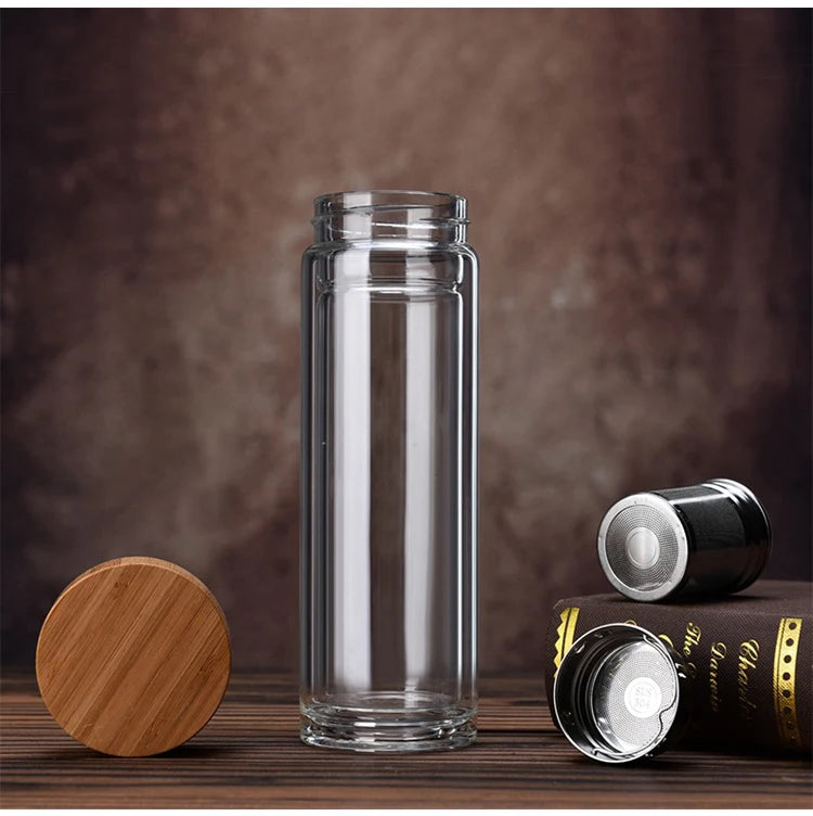 Szklana Butelka z Bambusową Zakrętką-300ml/400ml/500ml z Filtrem ze Stali
