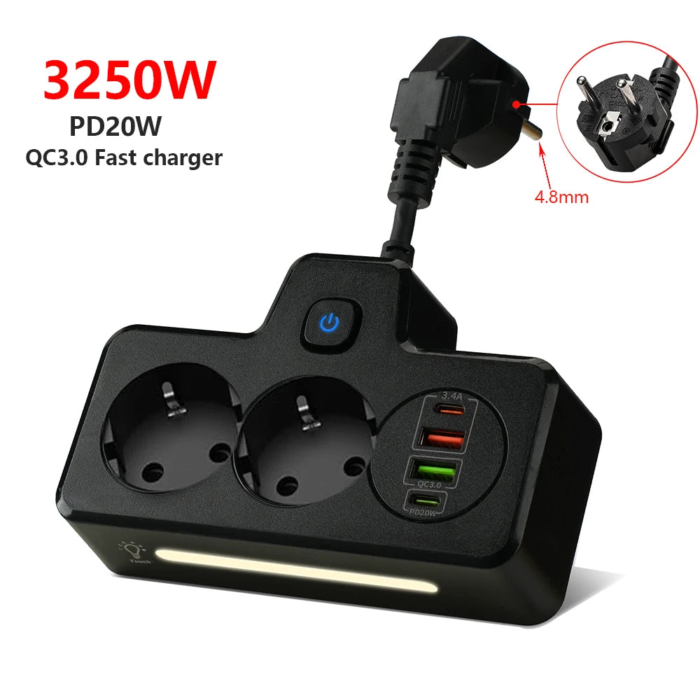 Listwa zasilająca 3250W z gniazdami USB i Portami AC-Power Strip z Funkcją Szybkiego Ładowania