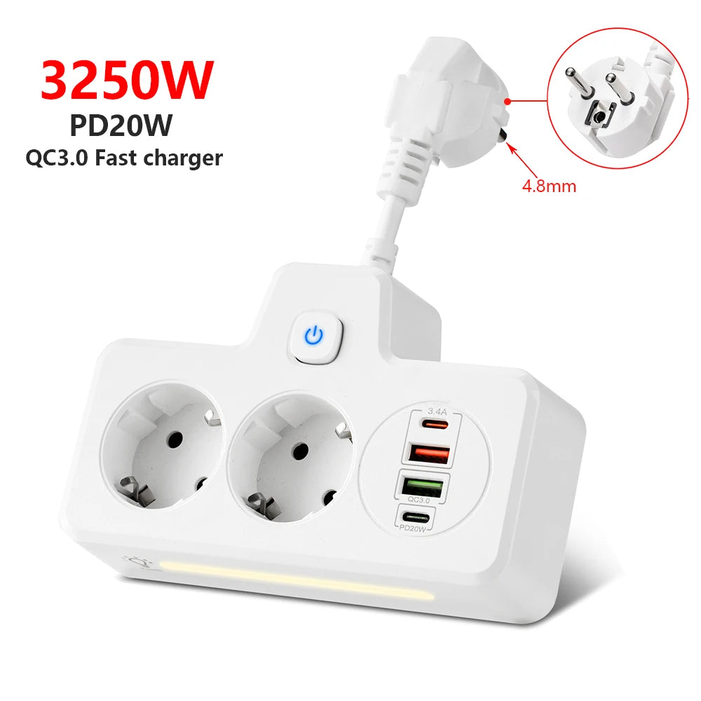 Listwa zasilająca 3250W z gniazdami USB i Portami AC-Power Strip z Funkcją Szybkiego Ładowania