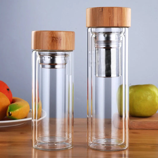 Szklana Butelka z Bambusową Zakrętką-300ml/400ml/500ml z Filtrem ze Stali