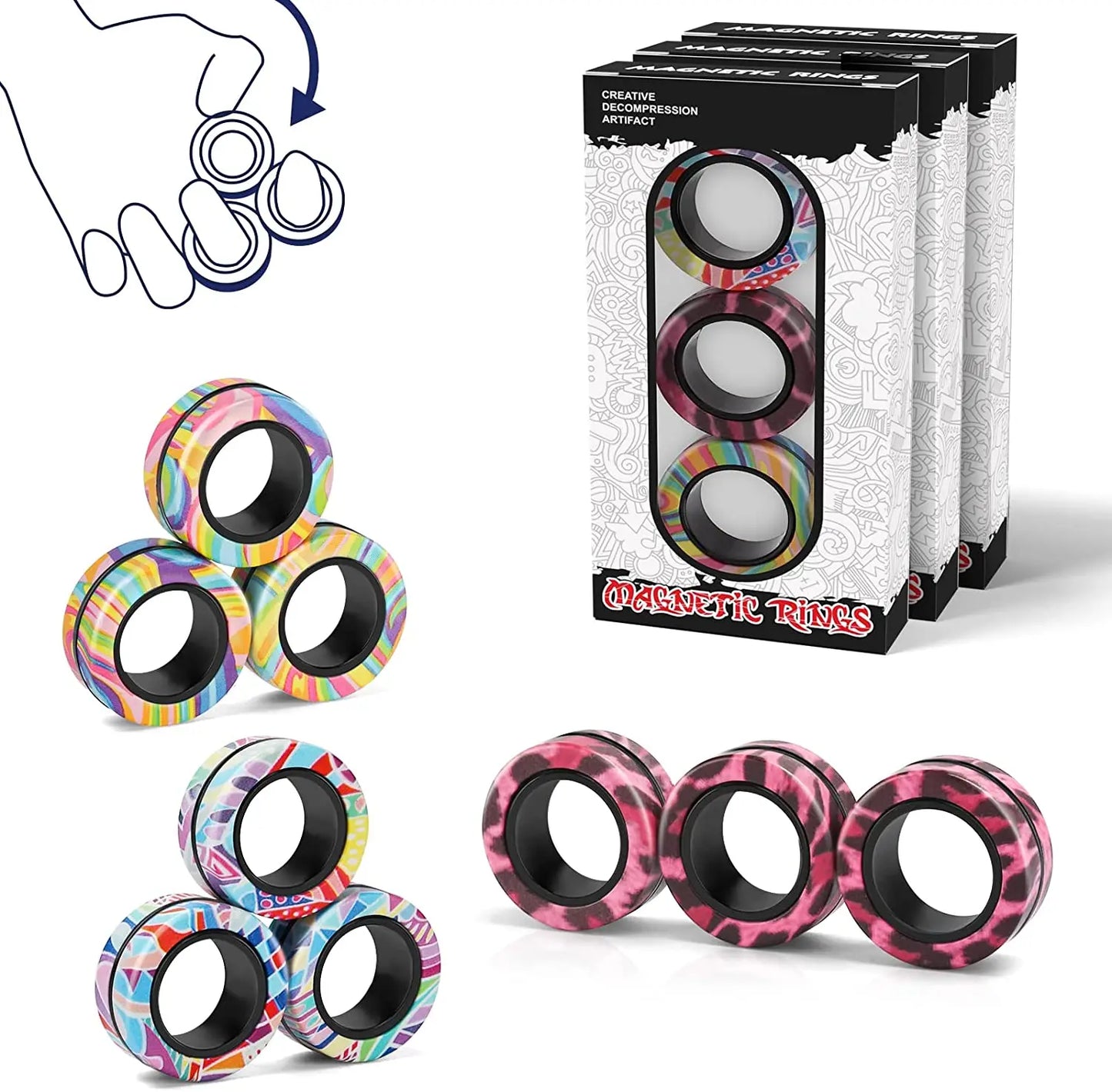 Zestaw 3 Magnetycznych Pierścieni EDC – Kolorowe Fidget Ringi do Zabaw i Rąk