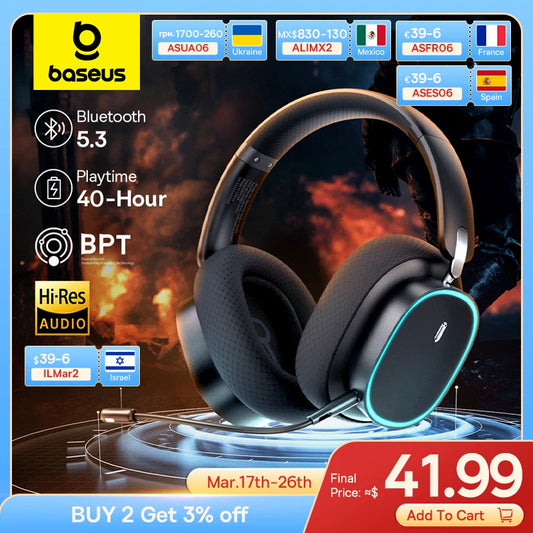 Słuchawki gamingowe z mikrofonem, Bluetooth 5.3, przewodowe i bezprzewodowe, 40 mm, do gier i transmisji
