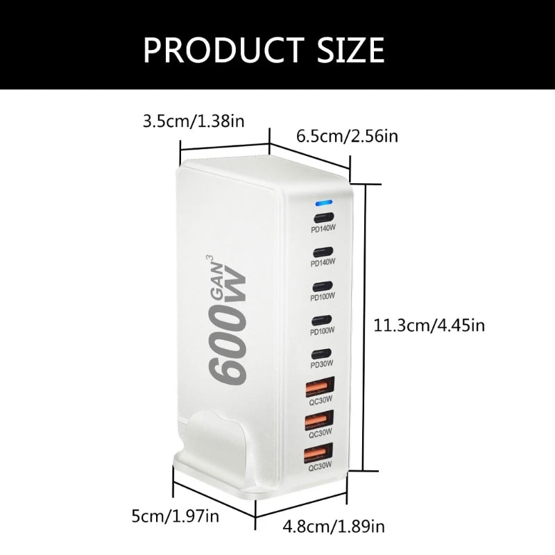 600W Stacja ładowania USB GaN do biura-Wieloportowa Stacja Zasilająca do Laptopów