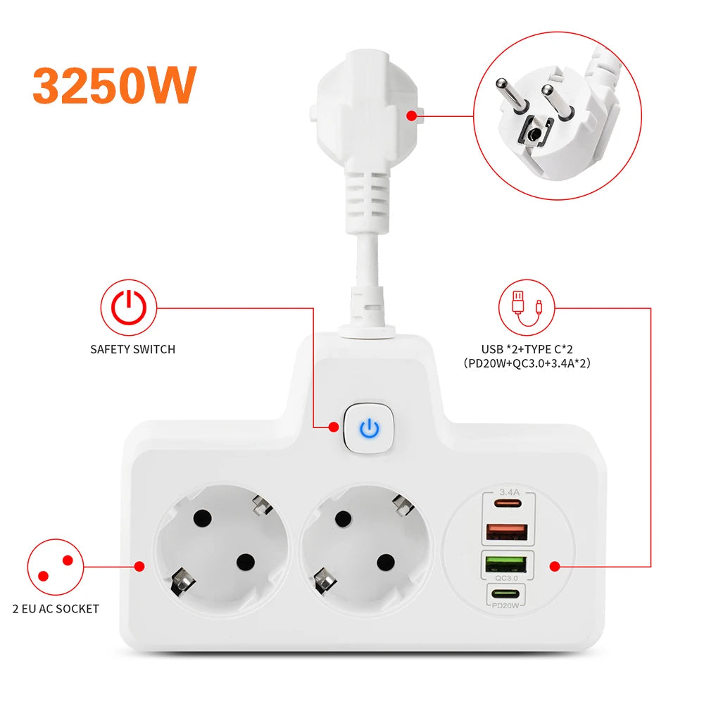 Listwa zasilająca 3250W z gniazdami USB i Portami AC-Power Strip z Funkcją Szybkiego Ładowania