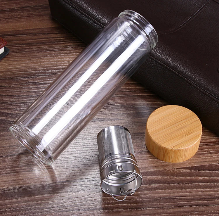 Szklana Butelka z Bambusową Zakrętką-300ml/400ml/500ml z Filtrem ze Stali