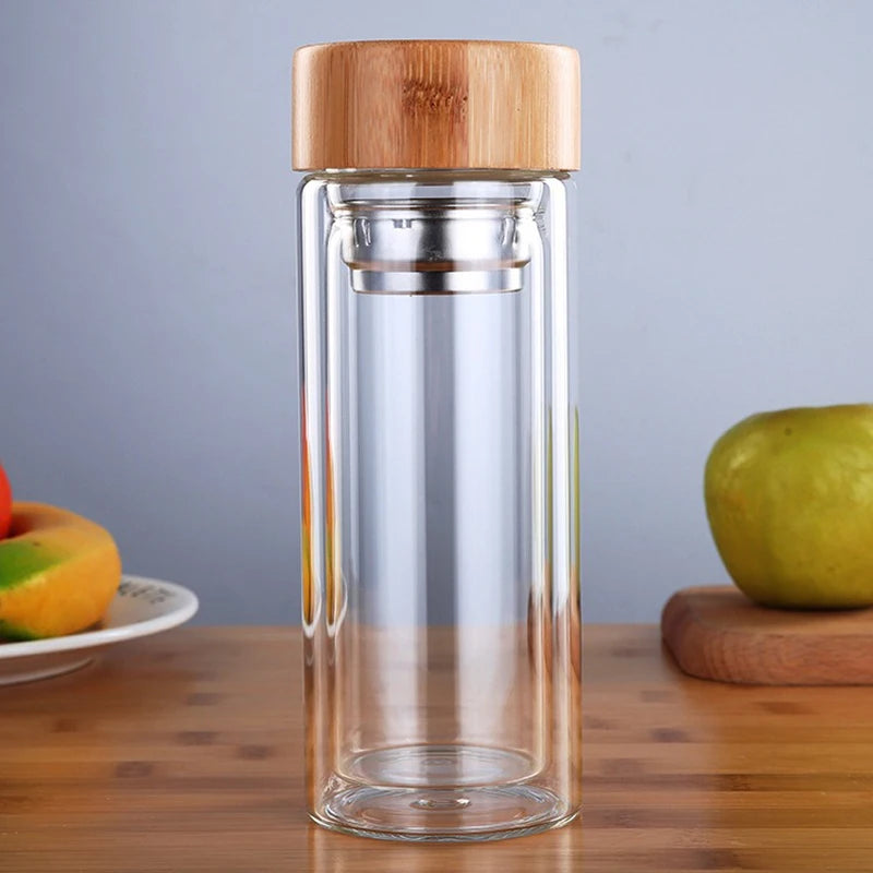 Szklana Butelka z Bambusową Zakrętką-300ml/400ml/500ml z Filtrem ze Stali