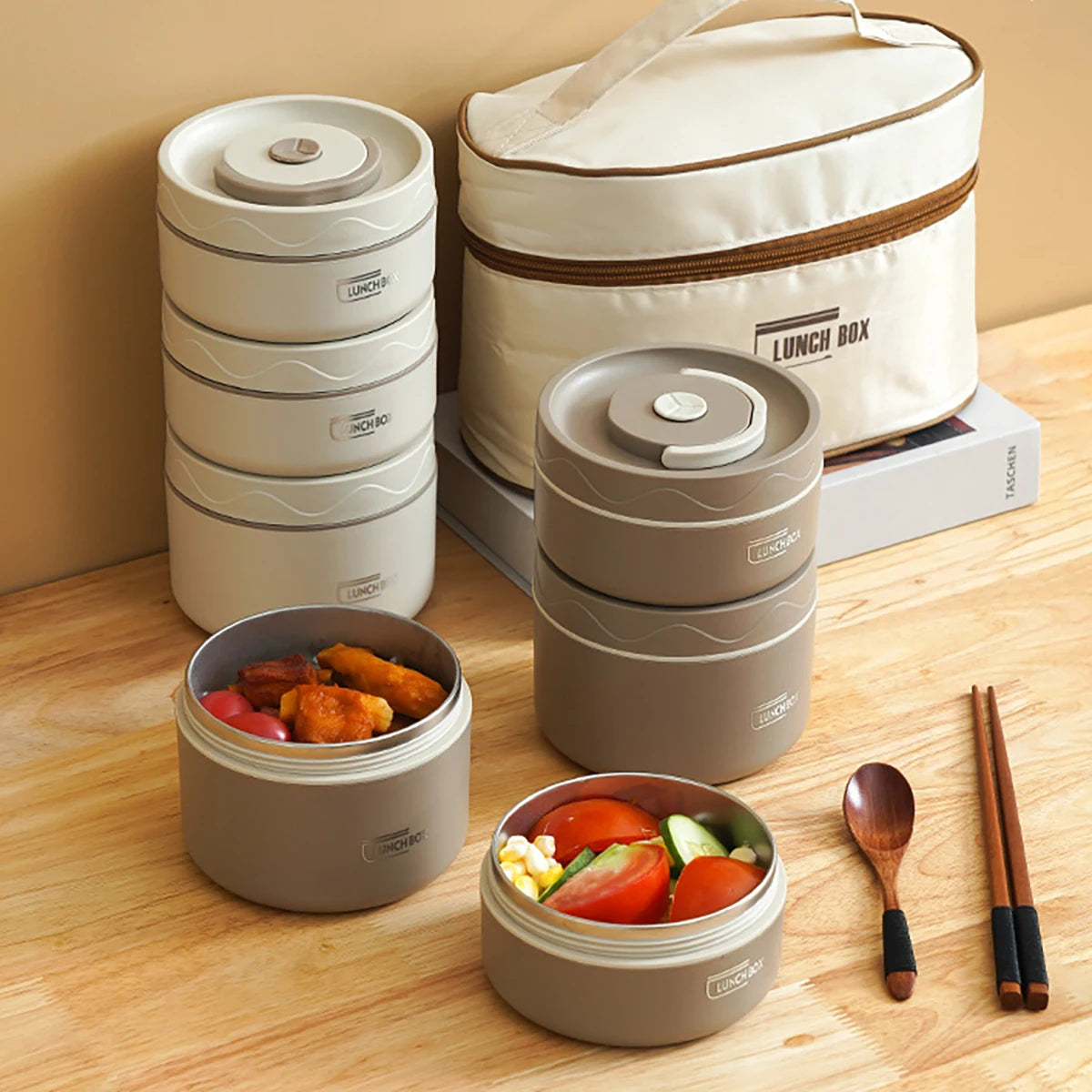 Lunchbox Stalowy z Torbą Termiczną – Dwuwarstwowy, Hermetyczny Pojemnik na Jedzenie