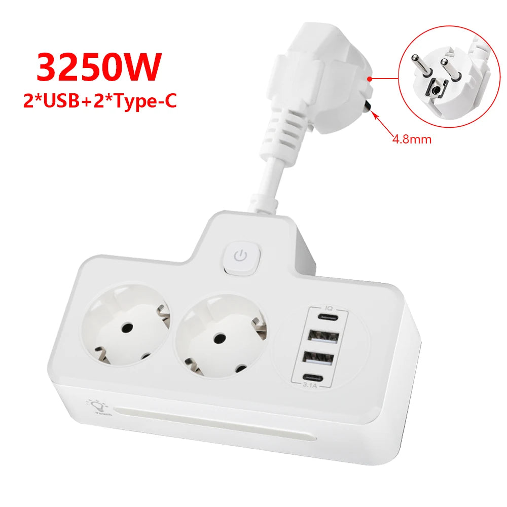 Listwa zasilająca 3250W z gniazdami USB i Portami AC-Power Strip z Funkcją Szybkiego Ładowania