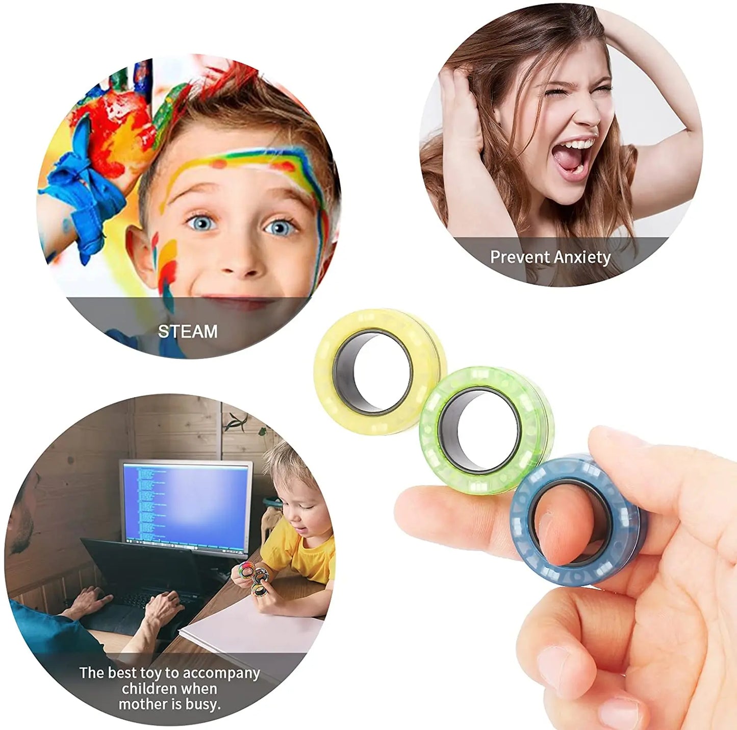 Zestaw 3 Magnetycznych Pierścieni EDC – Kolorowe Fidget Ringi do Zabaw i Rąk