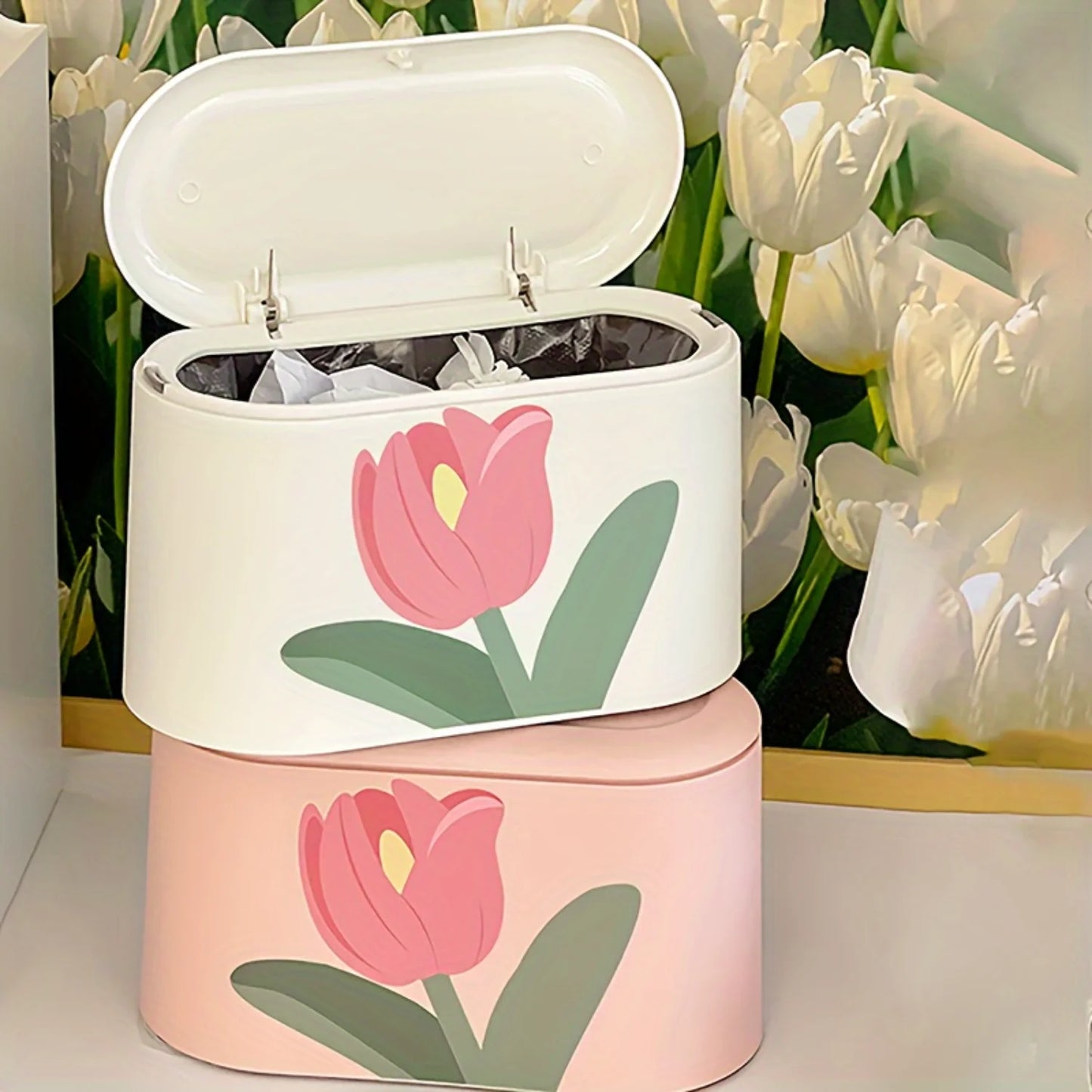 Tulipanowy Kosz na Śmieci do Biura i Domu – Mini Pojemnik na Odpady
