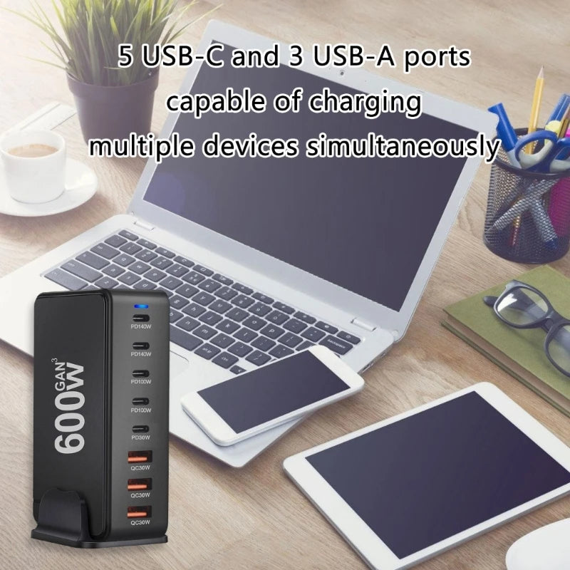 600W Stacja ładowania USB GaN do biura-Wieloportowa Stacja Zasilająca do Laptopów