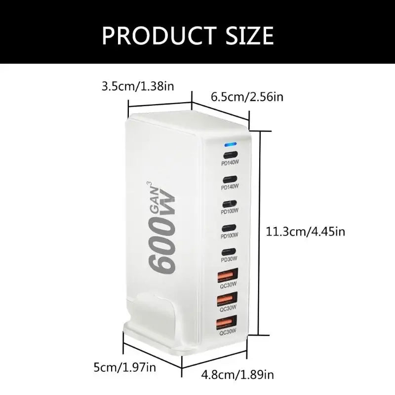 600W Stacja ładowania USB GaN do biura-Wieloportowa Stacja Zasilająca do Laptopów