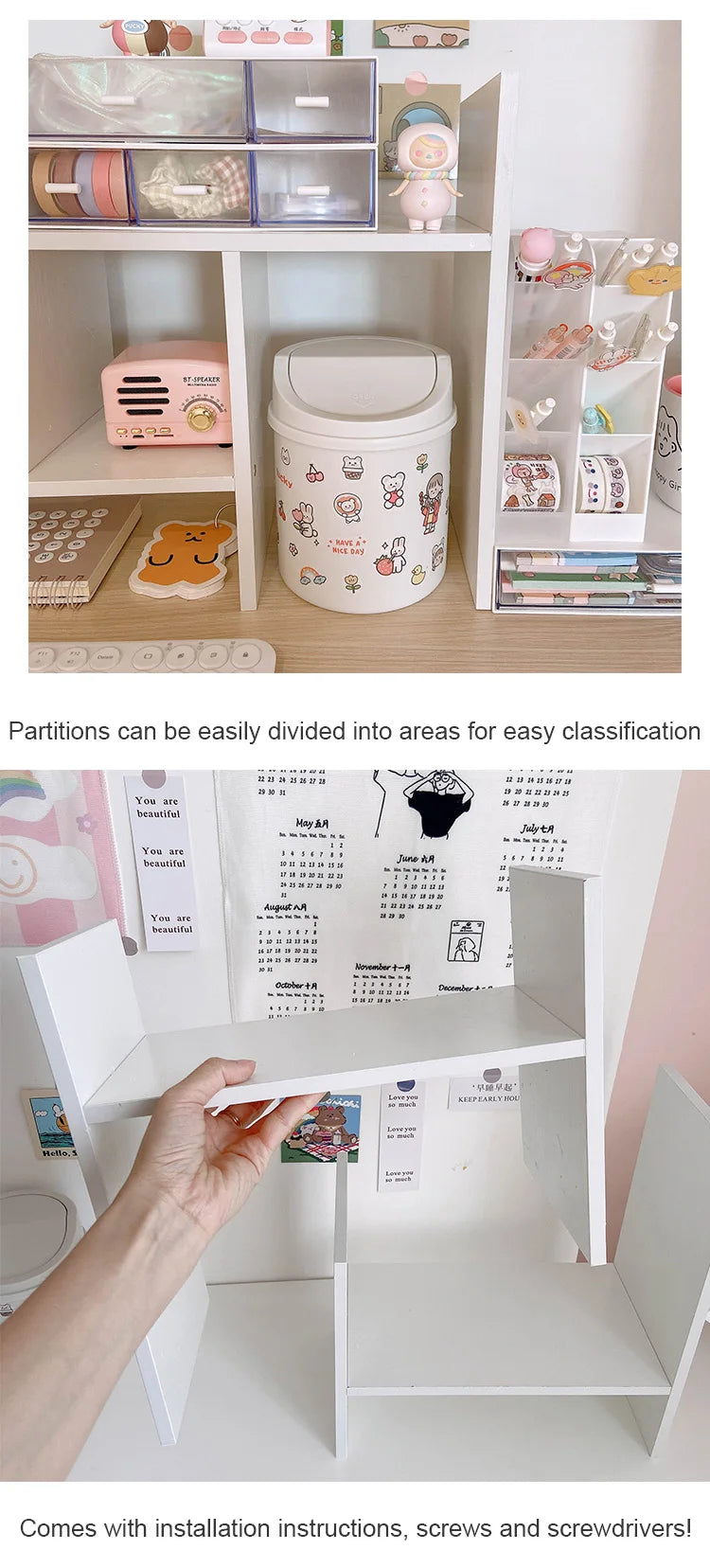 Organizer biurkowy z drewna – półka na książki i akcesoria w stylu kawaii