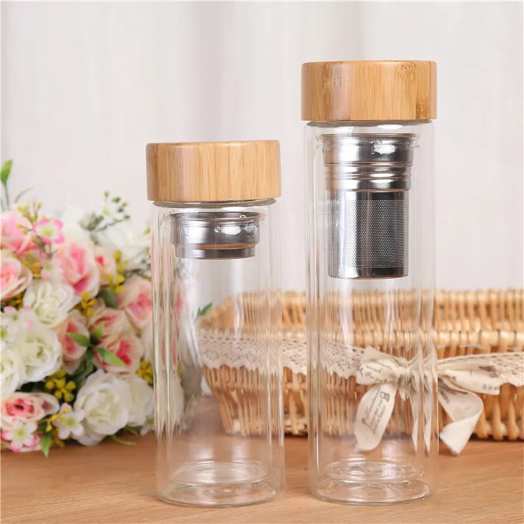 Szklana Butelka z Bambusową Zakrętką-300ml/400ml/500ml z Filtrem ze Stali