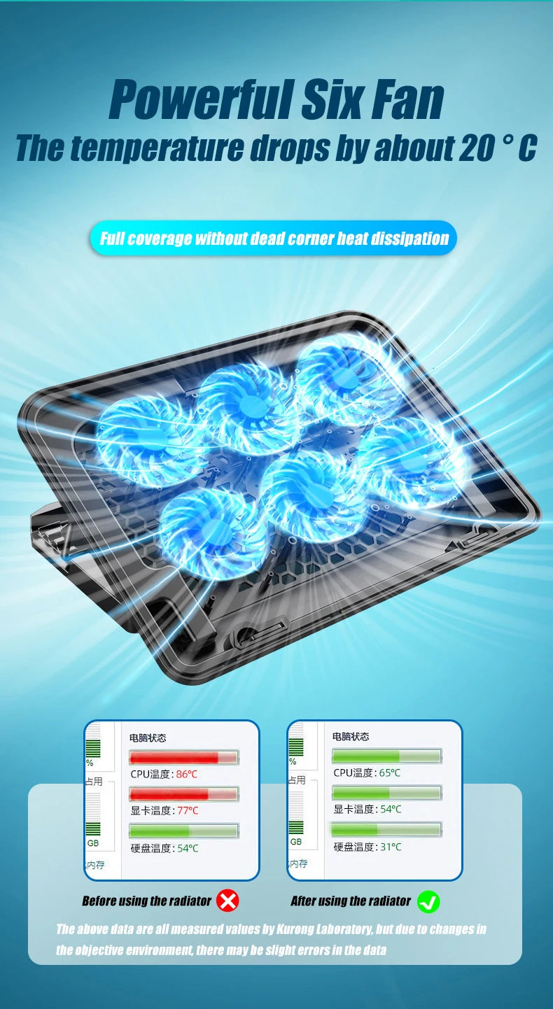 Podstawka chłodząca do laptopa z podświetleniem RGB, 6 wentylatorów, 2 porty USB